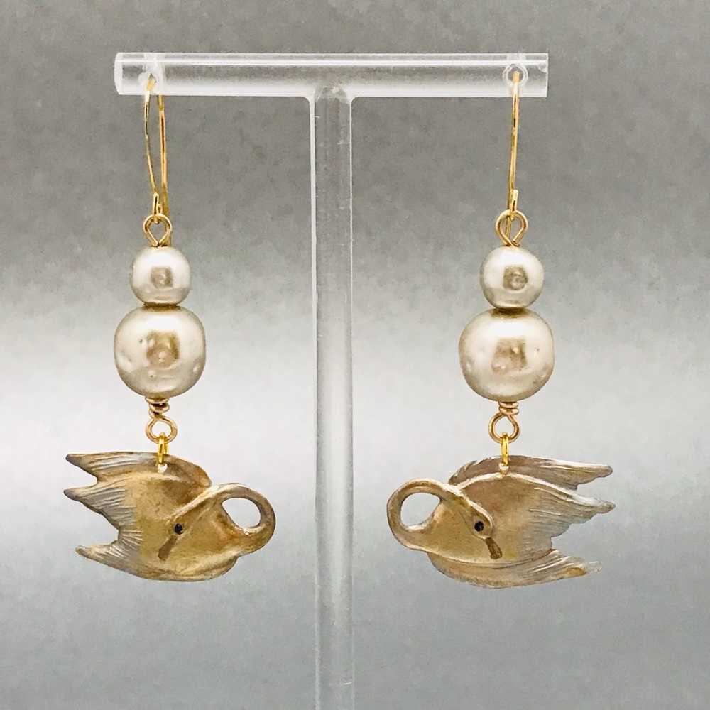 Vintage Glass Pearls & Brass Swans